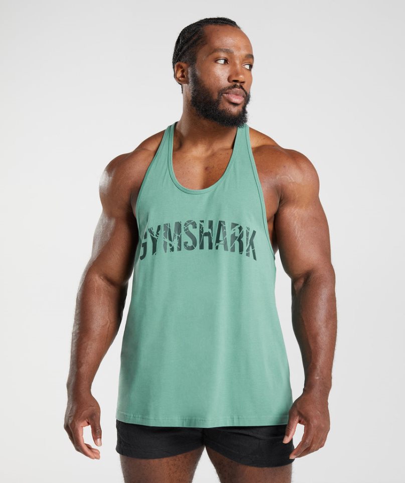 Men\'s Gymshark Power Stringer Tanks Green | NZ 7QPNVJ